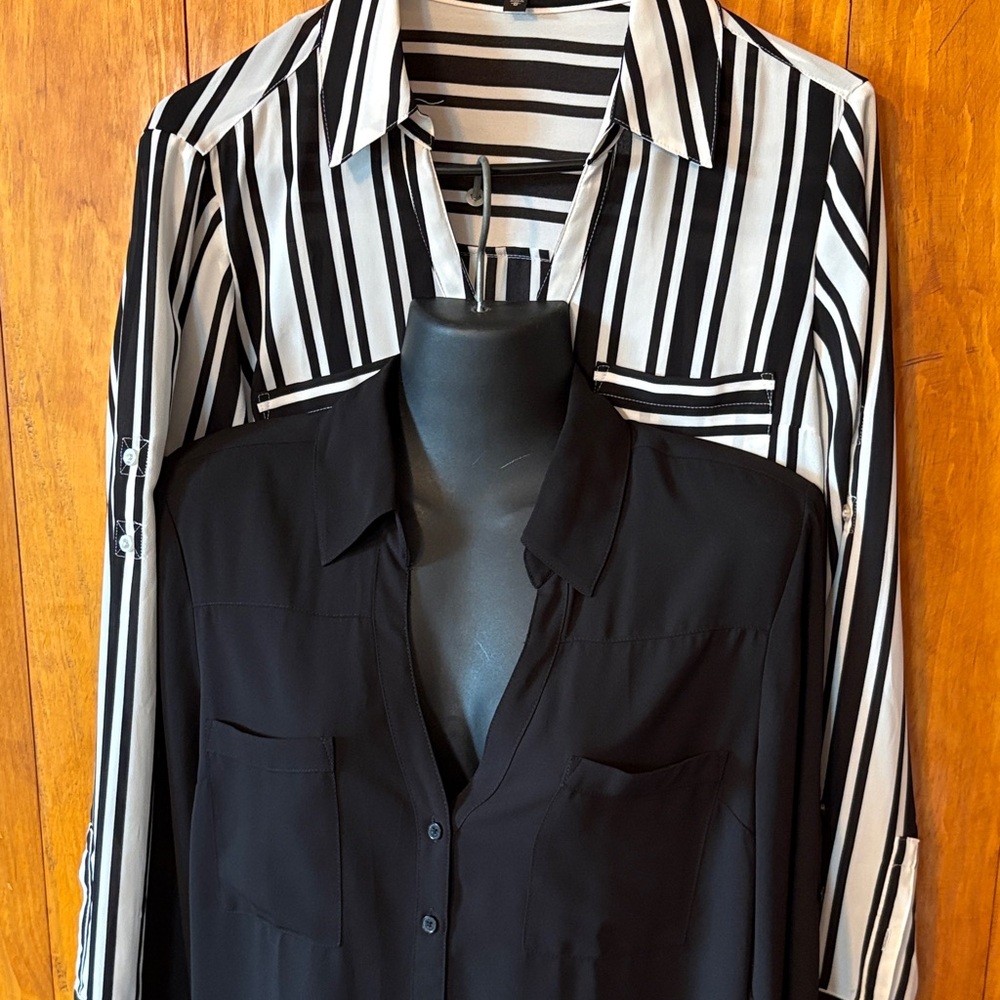 Lot of 2 Express Black and White Vertical Stripe Button-Up Shirt Portofino
